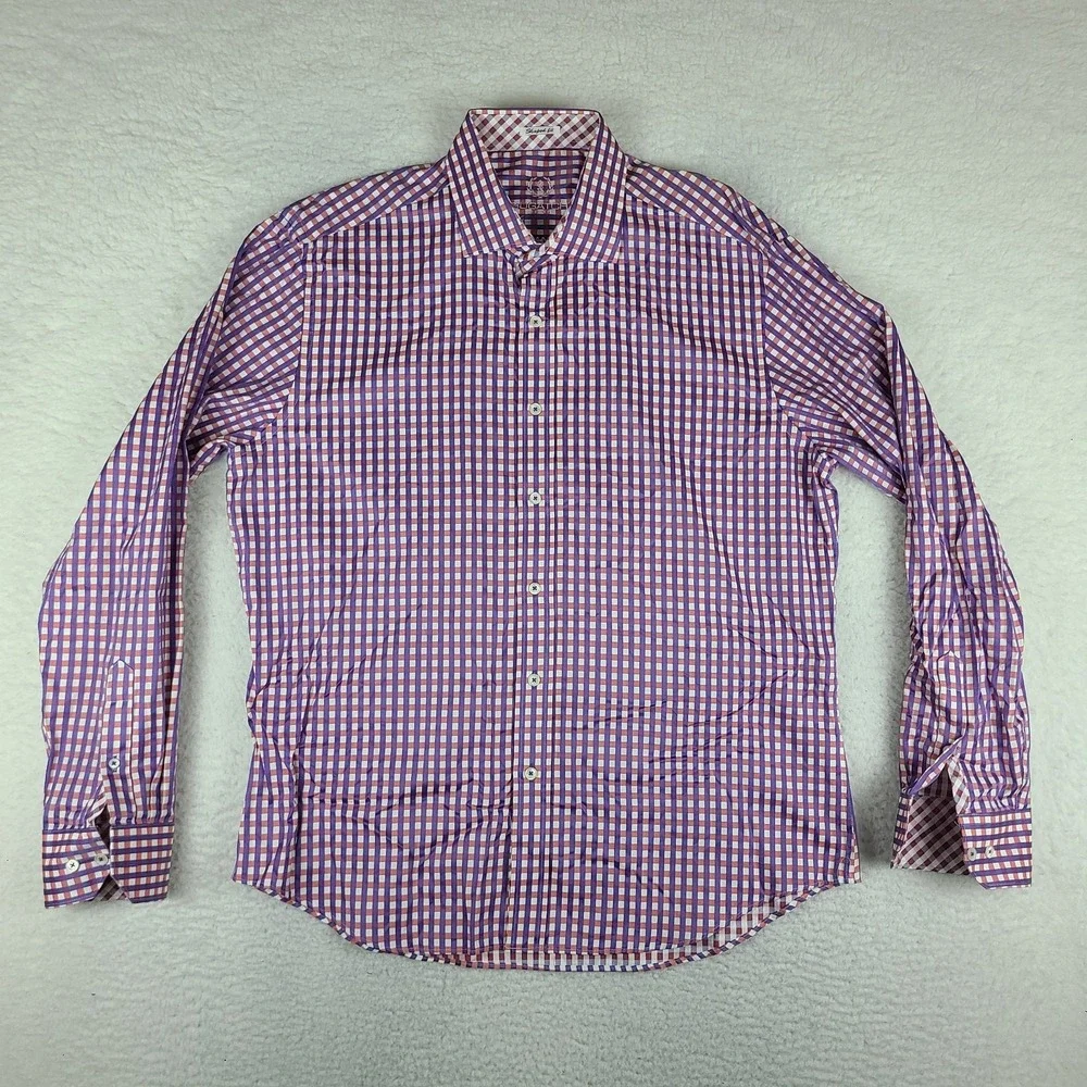Bugatchi Uomo Shirt Mens‎ XL Purple Check Shaped Fit Cotton Dress Button Up